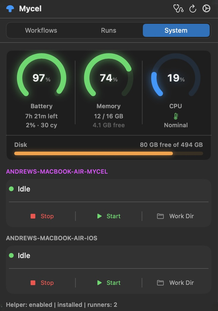 Mycel system tab showing runner status and billing minutes